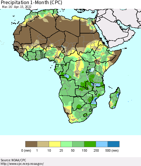 Africa Precipitation 1-Month (CPC) Thematic Map For 3/16/2022 - 4/15/2022