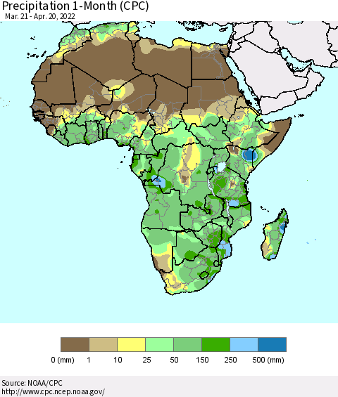 Africa Precipitation 1-Month (CPC) Thematic Map For 3/21/2022 - 4/20/2022