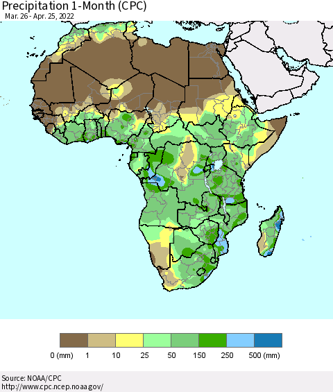 Africa Precipitation 1-Month (CPC) Thematic Map For 3/26/2022 - 4/25/2022