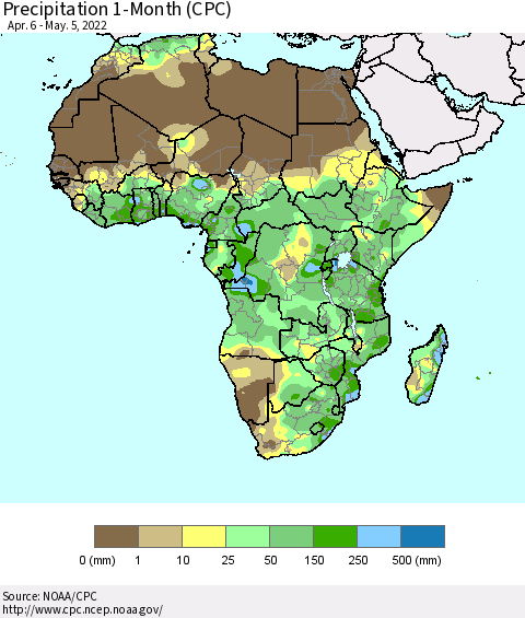 Africa Precipitation 1-Month (CPC) Thematic Map For 4/6/2022 - 5/5/2022