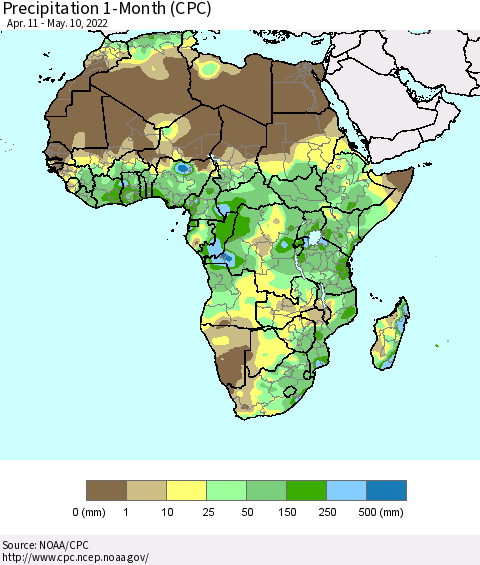 Africa Precipitation 1-Month (CPC) Thematic Map For 4/11/2022 - 5/10/2022