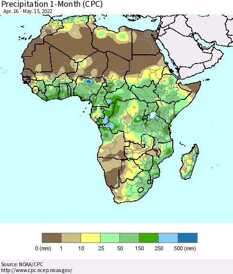 Africa Precipitation 1-Month (CPC) Thematic Map For 4/16/2022 - 5/15/2022