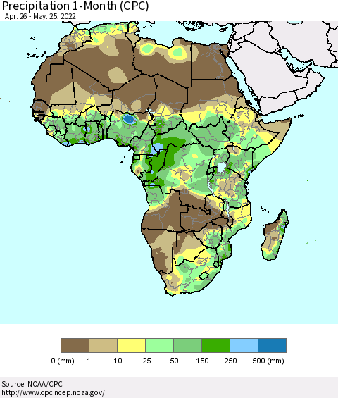 Africa Precipitation 1-Month (CPC) Thematic Map For 4/26/2022 - 5/25/2022