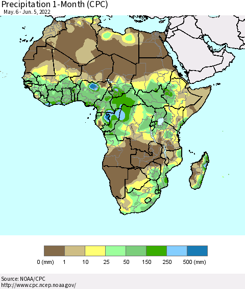 Africa Precipitation 1-Month (CPC) Thematic Map For 5/6/2022 - 6/5/2022