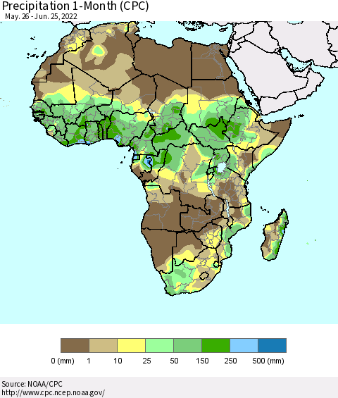 Africa Precipitation 1-Month (CPC) Thematic Map For 5/26/2022 - 6/25/2022