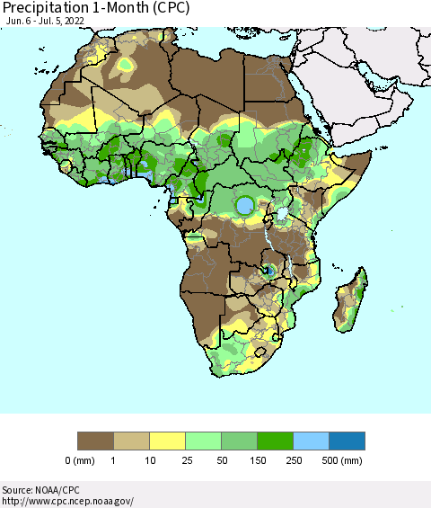 Africa Precipitation 1-Month (CPC) Thematic Map For 6/6/2022 - 7/5/2022