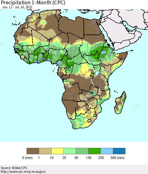 Africa Precipitation 1-Month (CPC) Thematic Map For 6/11/2022 - 7/10/2022