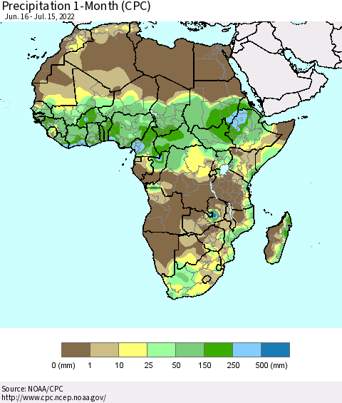 Africa Precipitation 1-Month (CPC) Thematic Map For 6/16/2022 - 7/15/2022