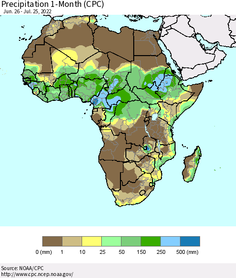 Africa Precipitation 1-Month (CPC) Thematic Map For 6/26/2022 - 7/25/2022