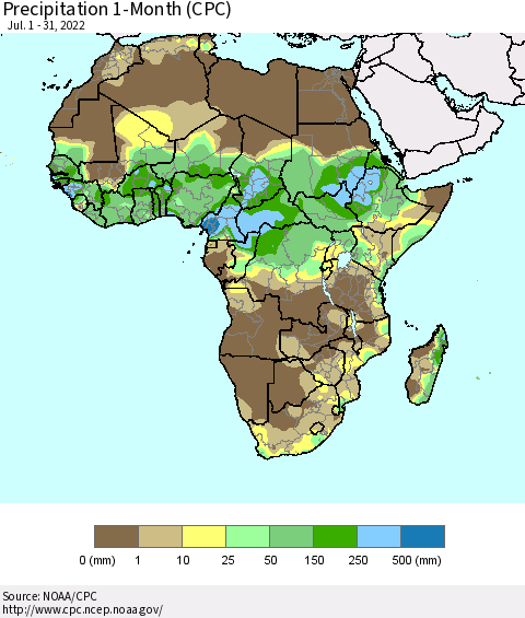 Africa Precipitation 1-Month (CPC) Thematic Map For 7/1/2022 - 7/31/2022