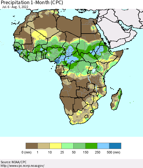Africa Precipitation 1-Month (CPC) Thematic Map For 7/6/2022 - 8/5/2022