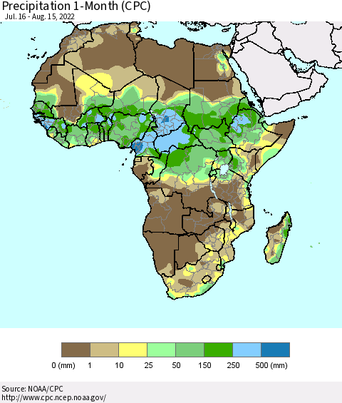Africa Precipitation 1-Month (CPC) Thematic Map For 7/16/2022 - 8/15/2022