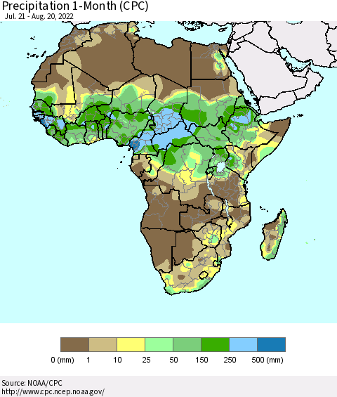 Africa Precipitation 1-Month (CPC) Thematic Map For 7/21/2022 - 8/20/2022
