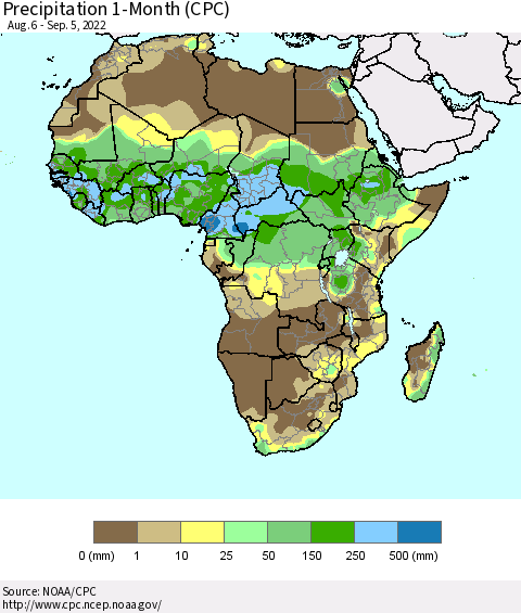 Africa Precipitation 1-Month (CPC) Thematic Map For 8/6/2022 - 9/5/2022