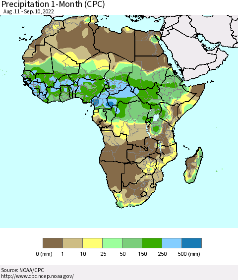 Africa Precipitation 1-Month (CPC) Thematic Map For 8/11/2022 - 9/10/2022