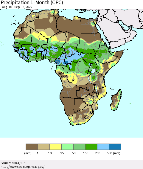 Africa Precipitation 1-Month (CPC) Thematic Map For 8/16/2022 - 9/15/2022