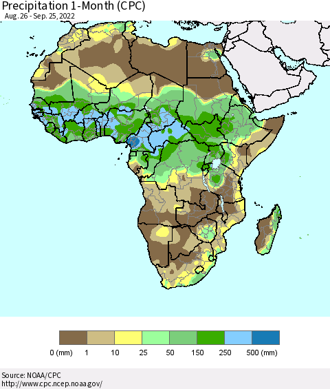 Africa Precipitation 1-Month (CPC) Thematic Map For 8/26/2022 - 9/25/2022