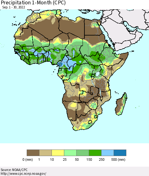 Africa Precipitation 1-Month (CPC) Thematic Map For 9/1/2022 - 9/30/2022