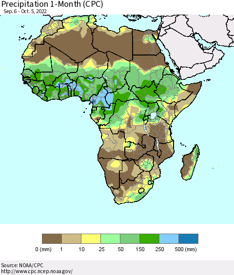Africa Precipitation 1-Month (CPC) Thematic Map For 9/6/2022 - 10/5/2022