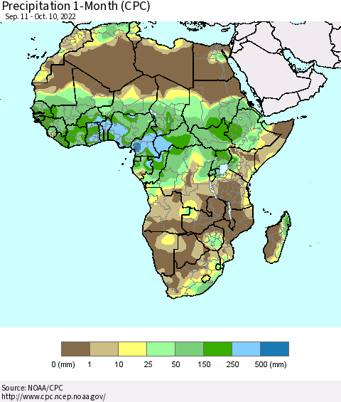 Africa Precipitation 1-Month (CPC) Thematic Map For 9/11/2022 - 10/10/2022