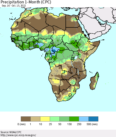 Africa Precipitation 1-Month (CPC) Thematic Map For 9/16/2022 - 10/15/2022