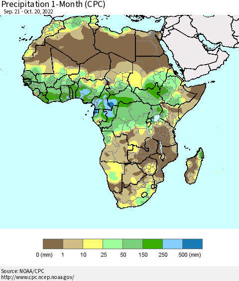 Africa Precipitation 1-Month (CPC) Thematic Map For 9/21/2022 - 10/20/2022