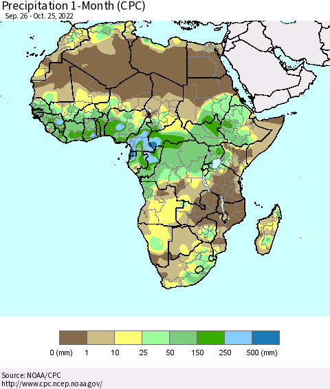 Africa Precipitation 1-Month (CPC) Thematic Map For 9/26/2022 - 10/25/2022