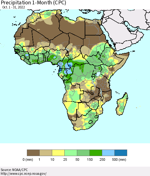Africa Precipitation 1-Month (CPC) Thematic Map For 10/1/2022 - 10/31/2022