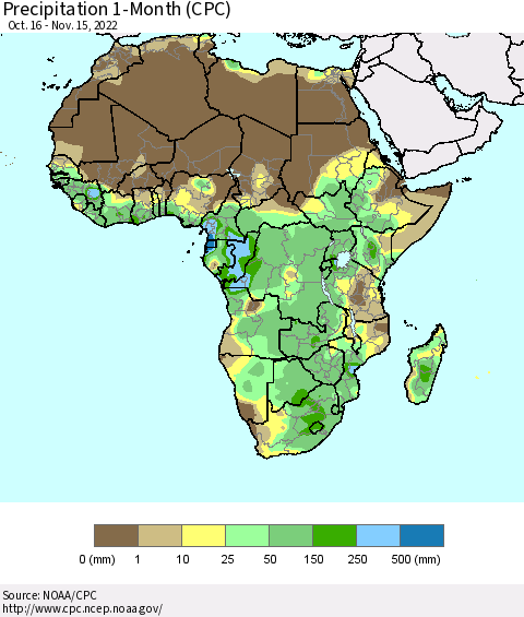 Africa Precipitation 1-Month (CPC) Thematic Map For 10/16/2022 - 11/15/2022