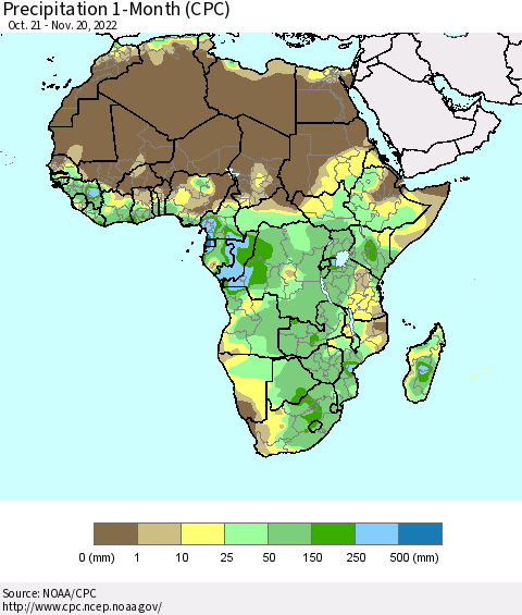 Africa Precipitation 1-Month (CPC) Thematic Map For 10/21/2022 - 11/20/2022