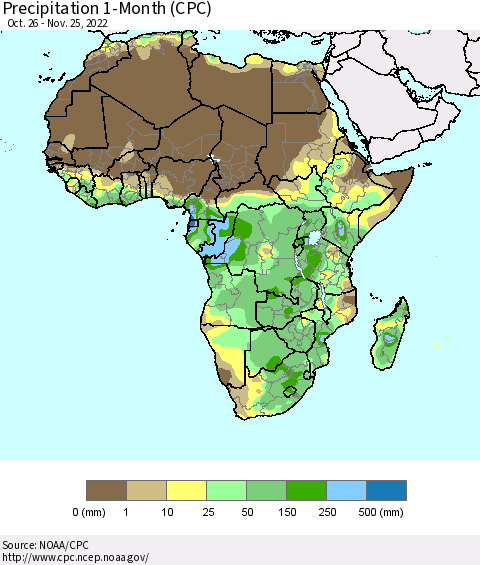 Africa Precipitation 1-Month (CPC) Thematic Map For 10/26/2022 - 11/25/2022