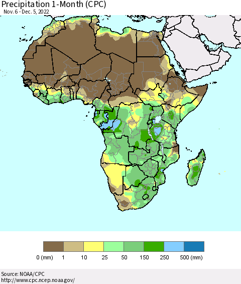 Africa Precipitation 1-Month (CPC) Thematic Map For 11/6/2022 - 12/5/2022