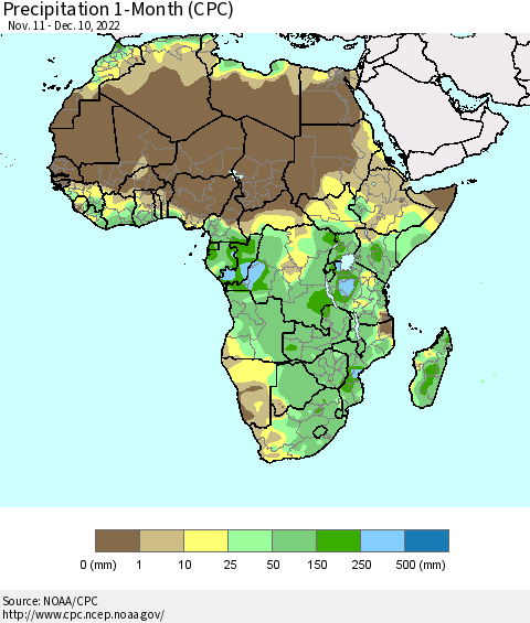 Africa Precipitation 1-Month (CPC) Thematic Map For 11/11/2022 - 12/10/2022