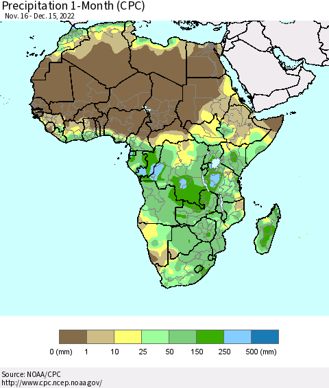 Africa Precipitation 1-Month (CPC) Thematic Map For 11/16/2022 - 12/15/2022