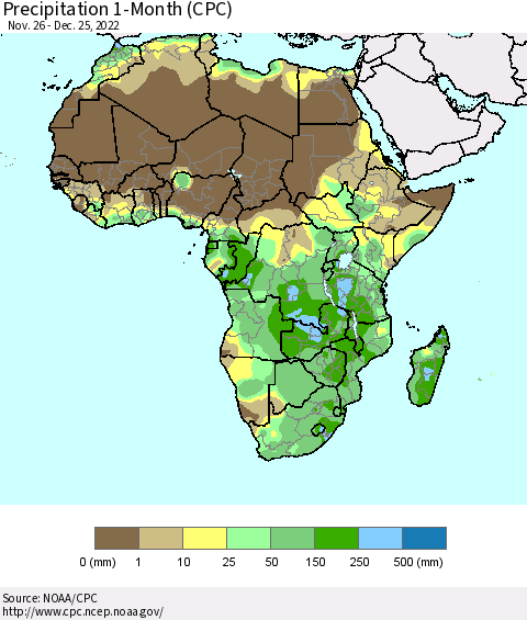 Africa Precipitation 1-Month (CPC) Thematic Map For 11/26/2022 - 12/25/2022