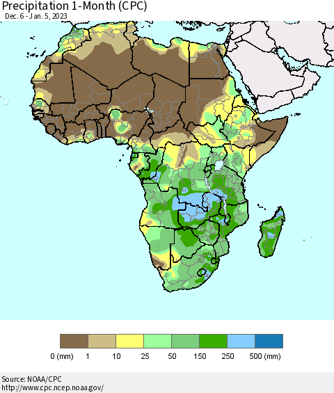 Africa Precipitation 1-Month (CPC) Thematic Map For 12/6/2022 - 1/5/2023