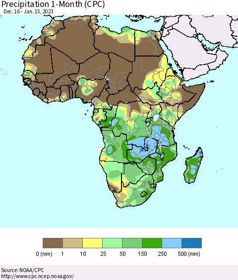 Africa Precipitation 1-Month (CPC) Thematic Map For 12/16/2022 - 1/15/2023