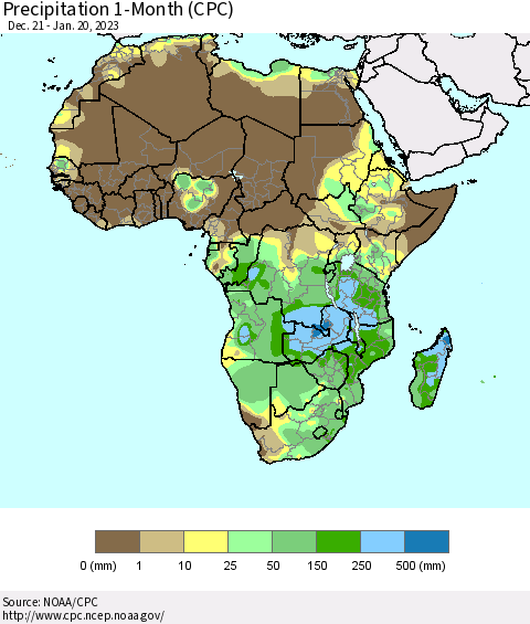 Africa Precipitation 1-Month (CPC) Thematic Map For 12/21/2022 - 1/20/2023