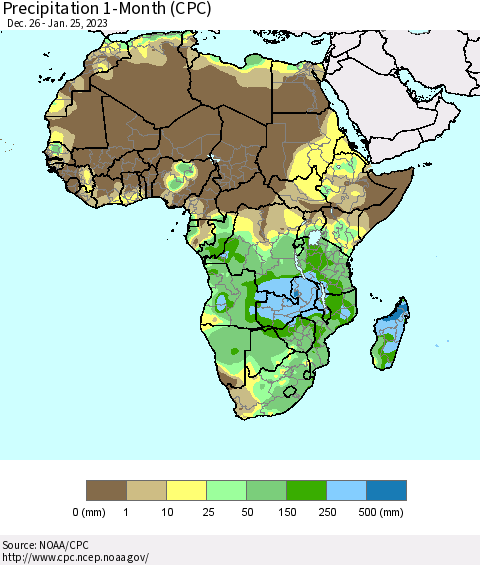 Africa Precipitation 1-Month (CPC) Thematic Map For 12/26/2022 - 1/25/2023
