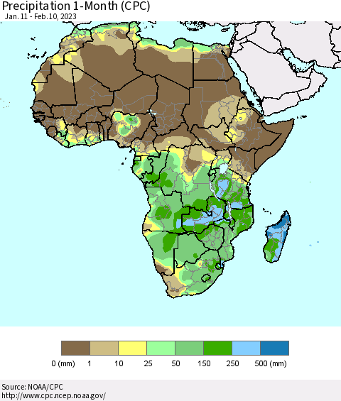 Africa Precipitation 1-Month (CPC) Thematic Map For 1/11/2023 - 2/10/2023