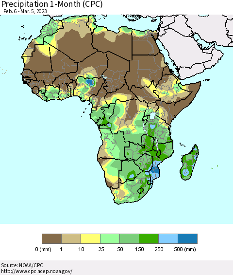 Africa Precipitation 1-Month (CPC) Thematic Map For 2/6/2023 - 3/5/2023