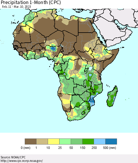 Africa Precipitation 1-Month (CPC) Thematic Map For 2/11/2023 - 3/10/2023