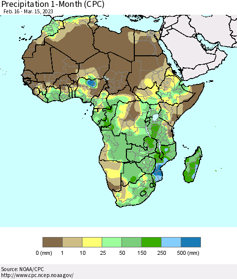 Africa Precipitation 1-Month (CPC) Thematic Map For 2/16/2023 - 3/15/2023