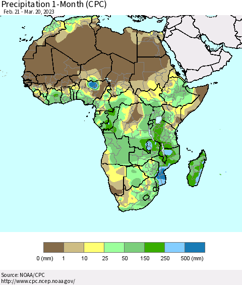 Africa Precipitation 1-Month (CPC) Thematic Map For 2/21/2023 - 3/20/2023