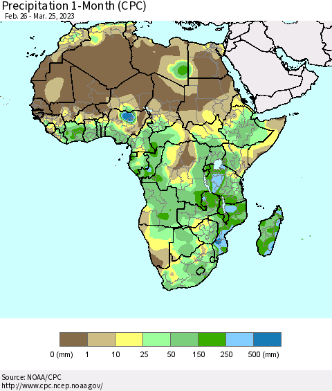 Africa Precipitation 1-Month (CPC) Thematic Map For 2/26/2023 - 3/25/2023