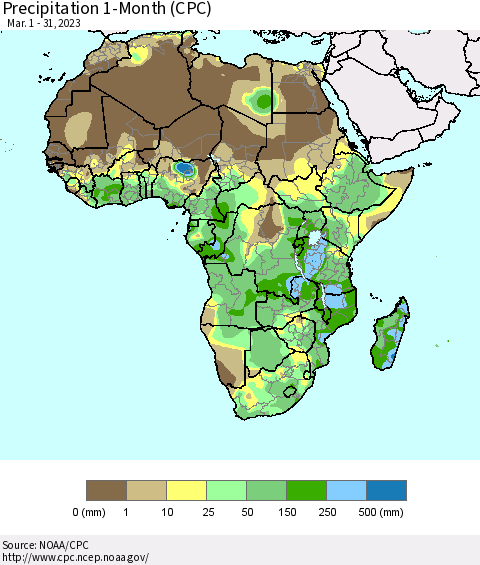 Africa Precipitation 1-Month (CPC) Thematic Map For 3/1/2023 - 3/31/2023