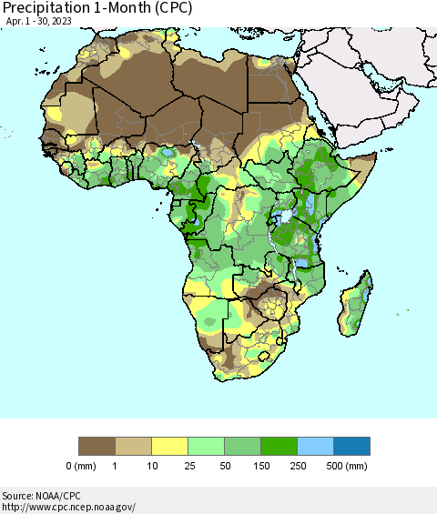 Africa Precipitation 1-Month (CPC) Thematic Map For 4/1/2023 - 4/30/2023
