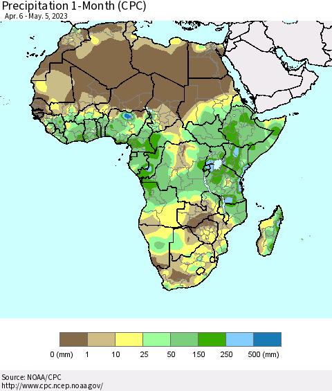 Africa Precipitation 1-Month (CPC) Thematic Map For 4/6/2023 - 5/5/2023