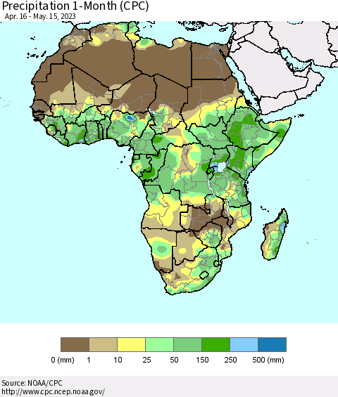 Africa Precipitation 1-Month (CPC) Thematic Map For 4/16/2023 - 5/15/2023