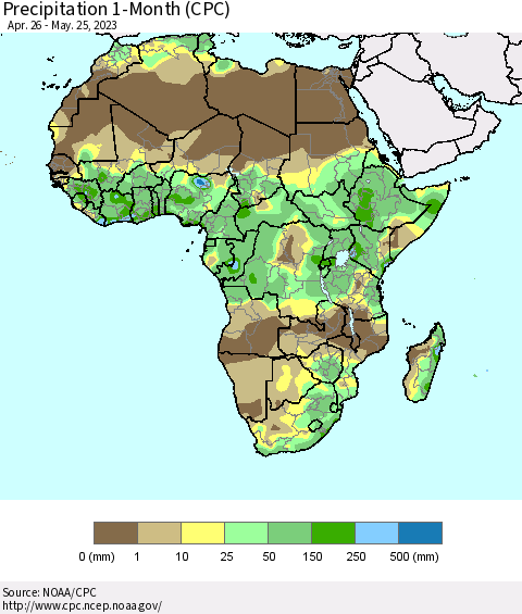 Africa Precipitation 1-Month (CPC) Thematic Map For 4/26/2023 - 5/25/2023